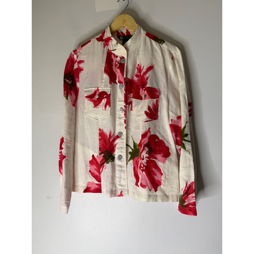 Carole little red poppy floral linen button down blazer jacket white red size XL